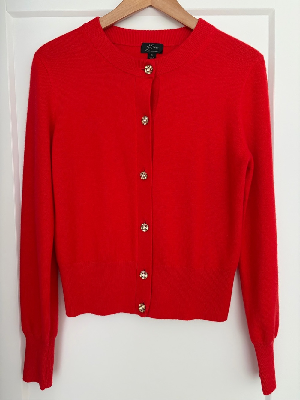 Pristine 100% Cashmere Red J Crew Cardi With Rhinestone Buttons!